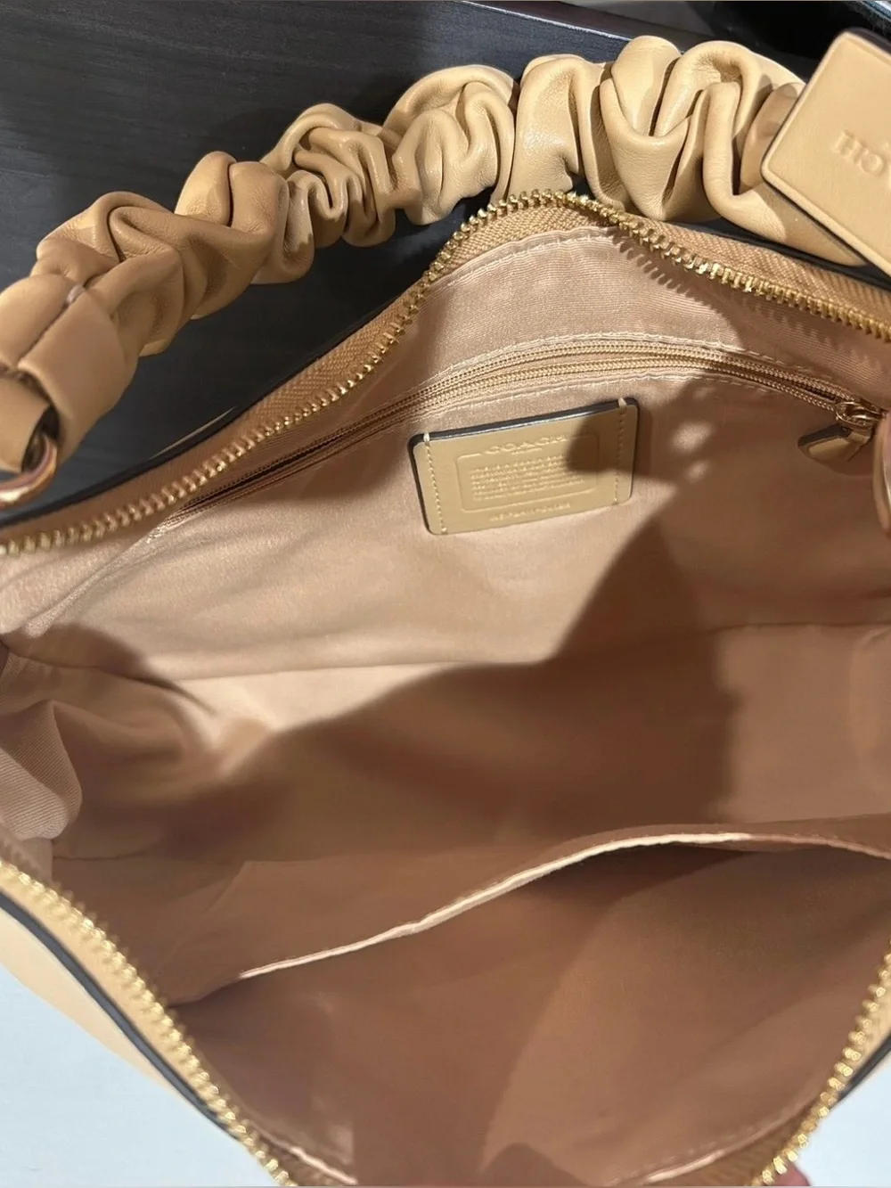 Coach Teri Hobo Tan Ruched-Handle Shoulder Bag with Gold Hardware